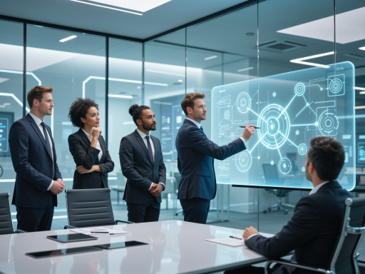 资深技术专家团队,五名技术人员穿着正装,站在现代化办公室内,面带微笑,蓝色背景,专业氛围